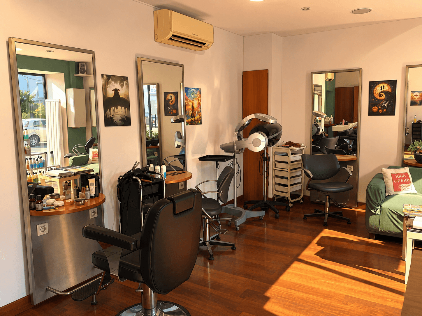 Intérieur du salon Hair Opéra, postes de coiffure et miroirs