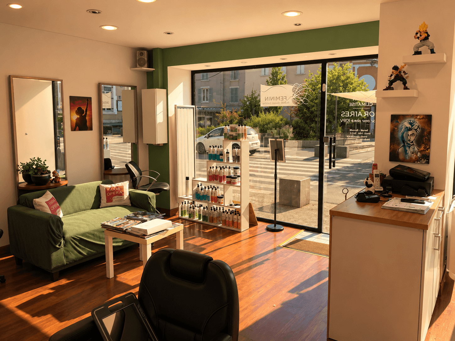 Espace d'accueil du salon Hair Opéra avec canapé et présentoir de produits